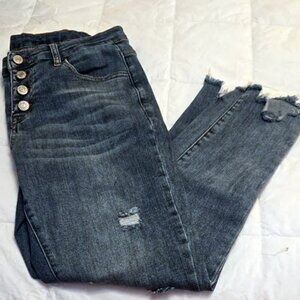 Classic Blue Distressed Jeans with Button Detail